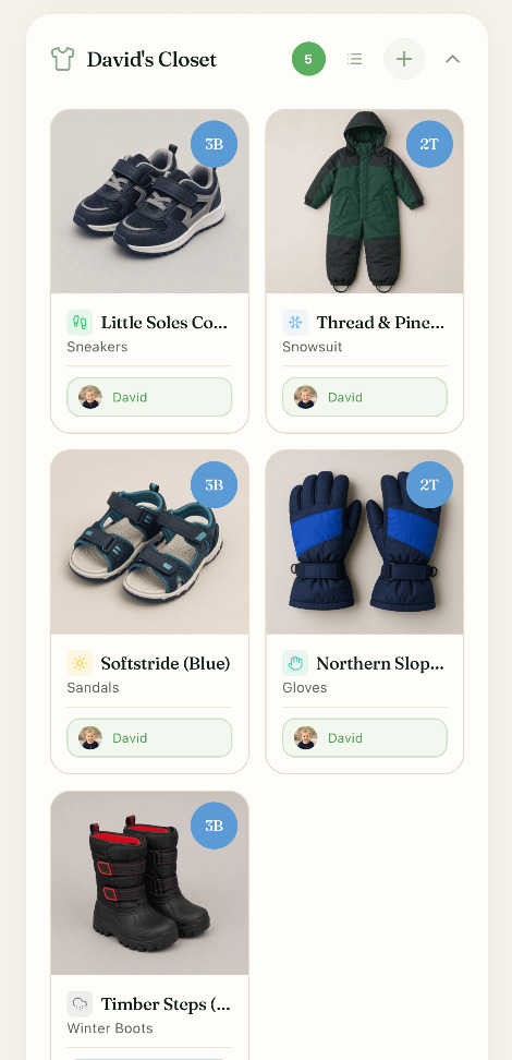 David's closet showing five items