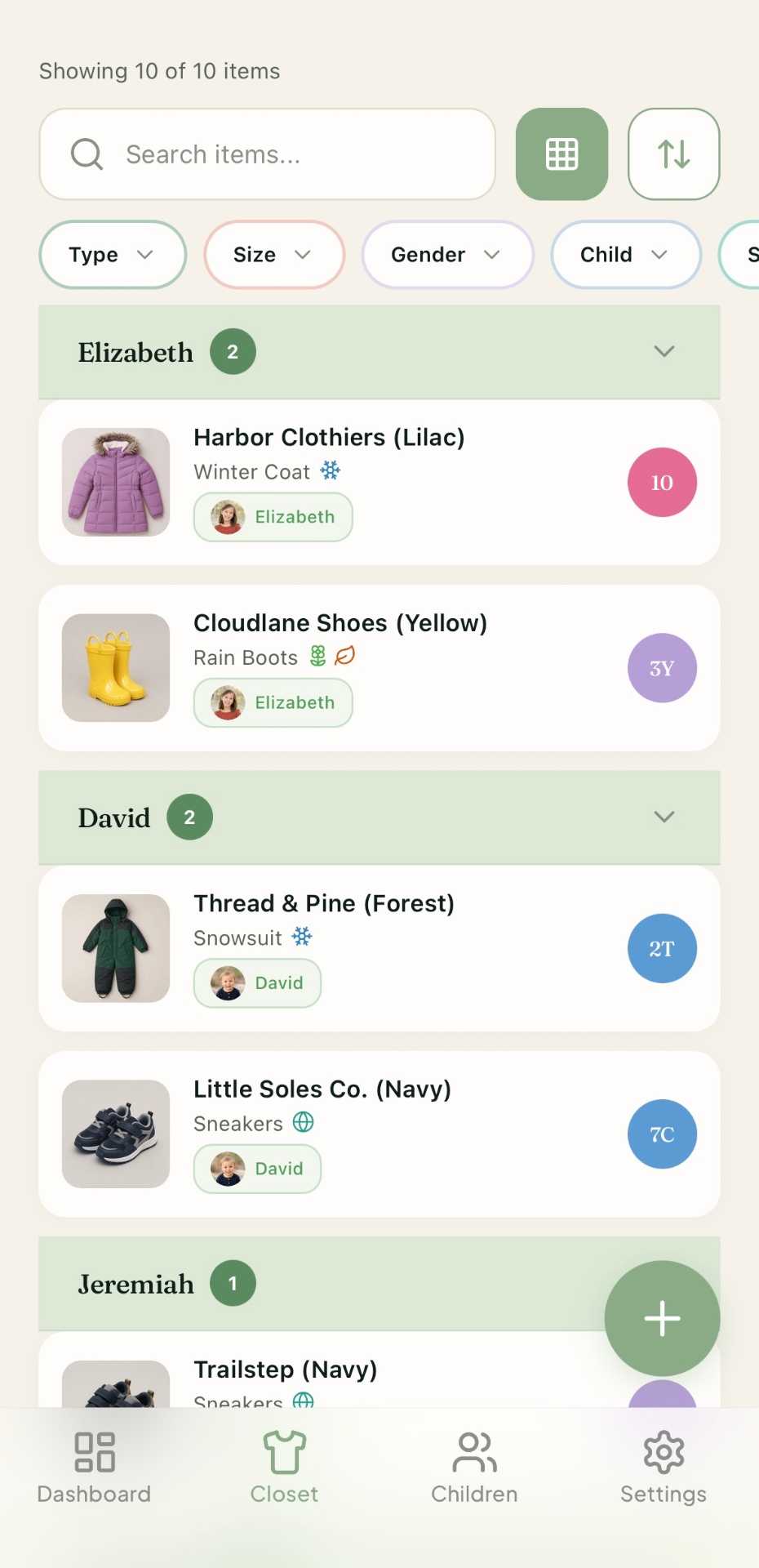 The full family closet grouped by child